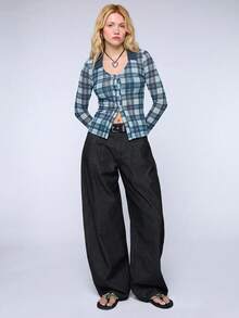 COUREZ Celana Jeans Lipit Balon Sedang Warna Hitam Denim Wash Gaya Y2K Musim Gugur untuk Wanita, Celana Jeans Longgar untuk Pergi Keluar Musim Gugur untuk Wanita - Hitam - View 4