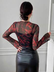 EastFlair Plus Size Women's Fashion Dragon Print Sheer Top Night Party Black Autumn Sexy Fall - Black - View 2