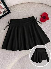 SHEIN 青少年女孩純色百褶休閒百搭日常裙褲 - 黑色 - 查看 2