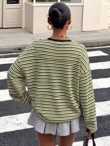 SHEIN EZwear Plus Size Autumn Casual Striped Drop Shoulder Loose Fit T-Shirt - Multicolor - View 2