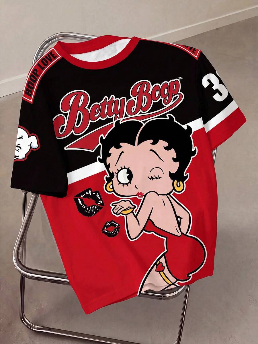 Betty Boop x SHEIN Plus Size T-Shirt With All-Over Print, Round Neck Short Sleeve - White - View 1