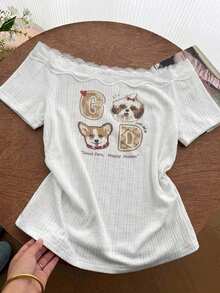 Dazy Plus Plus Size Cartoon Animal Print Asymmetric Neckline Contrast Lace Fitted Short Sleeve White T-Shirt, Spring Summer Early Autumn Graphic Tees - White - View 2