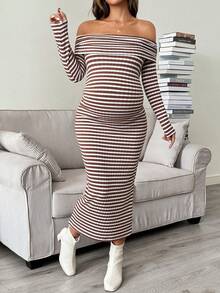 SHEIN Maternity Striped Off-Shoulder Long Sleeve Fitted Casual Dress Fall - Brown - View 1