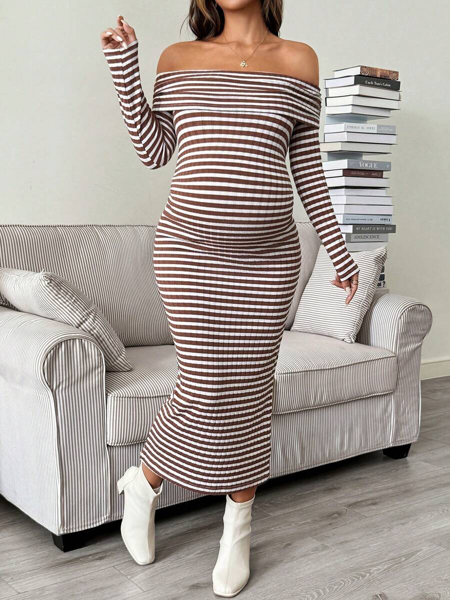 SHEIN Maternity Striped Off-Shoulder Long Sleeve Fitted Casual Dress Fall - Brown - View 1