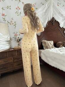 CottageSlumber Lace Trim Square Neck 2-Button Romantic Striped Cherry Print Long Sleeve Pants Pajama Set - Yellow - View 2