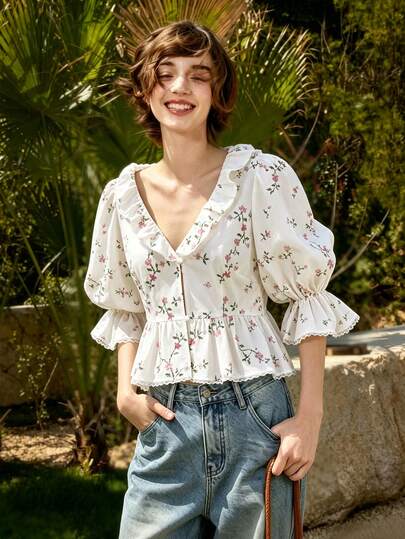 Jade & Ember Women's Floral Print Peter Pan Collar Single-Breasted Fashion Shirt