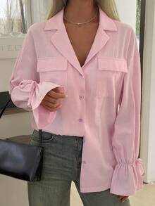 DAZY Women's Striped Flare Sleeve Loose Casual Blouse - Pink - View 2