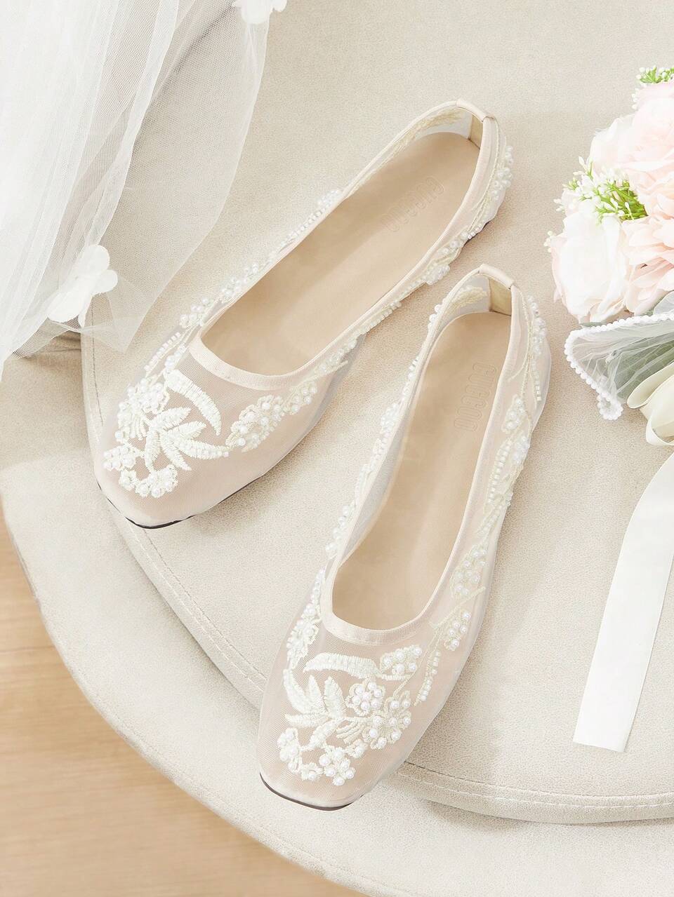 CUCCOO HITCHD Ladies, Pearl, Trim, Fine Mesh Embroidered Upper, Square Toe Flat Sole