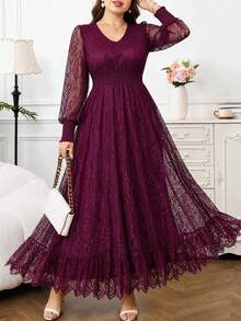 Reflora 大尺碼女款 V 領長袖優雅蕾絲洋裝 - 彩色 - 查看 2