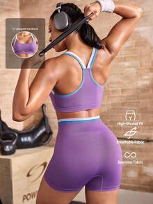 Powerista Women's Colorblock Trim Tank Top And Shorts Sports Set - Purple - View 2