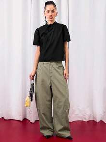 COUREZ Puff Sleeve Top With Tie Detail, Y2K Cute Tops Y2K Fall Autumn Clubbing Black Top - Black - View 2