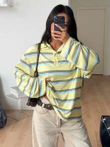 Coolane Women' Fall Vintage Streetwear Casual Preppy Homecoming Daily Wear Basic Butter Yellow Striped Lapel Oversized Long Sleeve Polo T-Shirt - Yellow - View 7