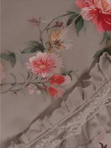EMERY ROSE 女款度假風花卉圖案拼接荷葉邊時尚優雅襯衫，適合早午餐與度假，棕色花卉秋季款 - 深灰色 - 查看 3