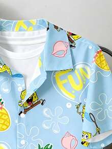 SpongeBob SquarePants | SHEIN Daypath 男士全印花單排扣休閒百搭日常通勤襯衫 - 藍色 - 查看 3