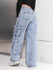 SHEIN 少女Y2K时尚水洗高腰宽松阔腿工装牛仔裤，带实用口袋，百搭风格，冬季街头服饰 - 中等水洗藍 - 查看 2