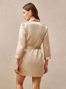 Hourtrue 1pc Women's Solid Color Elegant Tie-Up Thin Cool Sexy Short Bathrobe Silk Comfortable Morning Robe Suitable For Home Use - Champagne - View 3