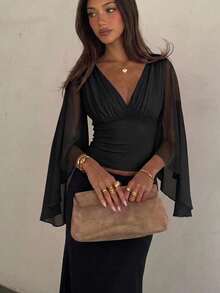 Siren Gaze Women's Solid Color Deep V-Neck Pleated Slim Fit Versatile Daily Casual Blouse - Black - View 5