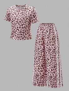 SHEIN 2pcs/Set Teen Short Sleeve & Long Pants Outfit, Pink Bow Ribbon, Suitable For Spring/Summer, Sports & Commute - Pink - View 3