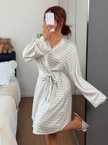 Napfluff Striped Women's Lace Patchwork Nightgown Robe - Multicolor - View 1