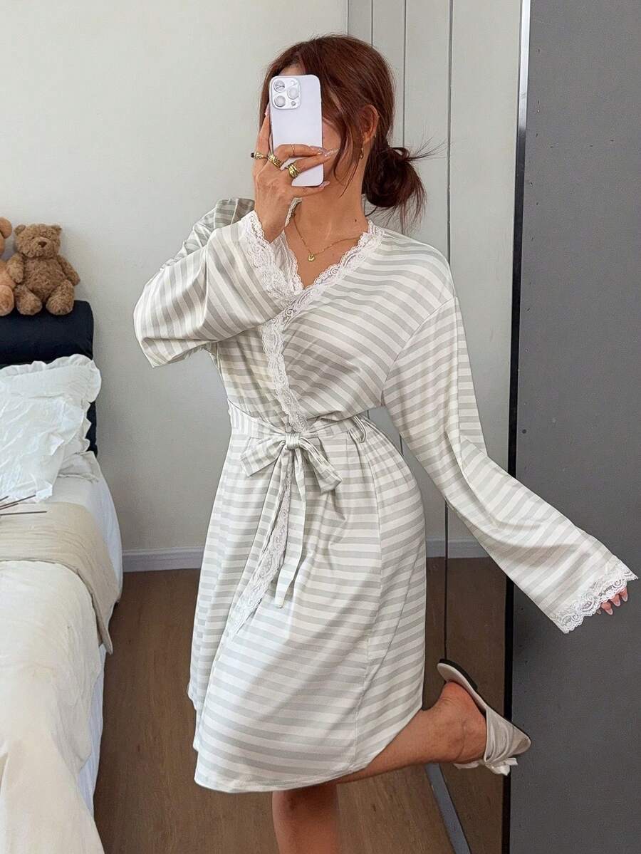 Napfluff Striped Women's Lace Patchwork Nightgown Robe - Multicolor - View 1