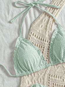 Vivid Eden Set Pakaian Renang Bikini Seksi Wanita Musim Panas untuk Pantai, Warna Polos, dengan Hiasan Ruffle dan Tali Leher. - Hijau - View 4