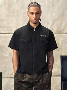 Norleigh Men's Letter Print Turndown Collar Zip-Up Casual Commuter Short Sleeve Shirt - Black - View 4