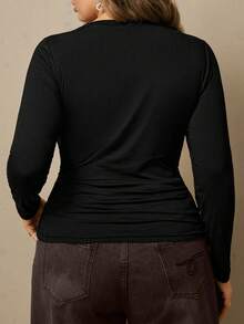 Freevana Plus Size Women Casual V-Neck Self-Heating Thermal Long Sleeve Slim Fit Solid Black Base Layer T-Shirt Winter - Black - View 2
