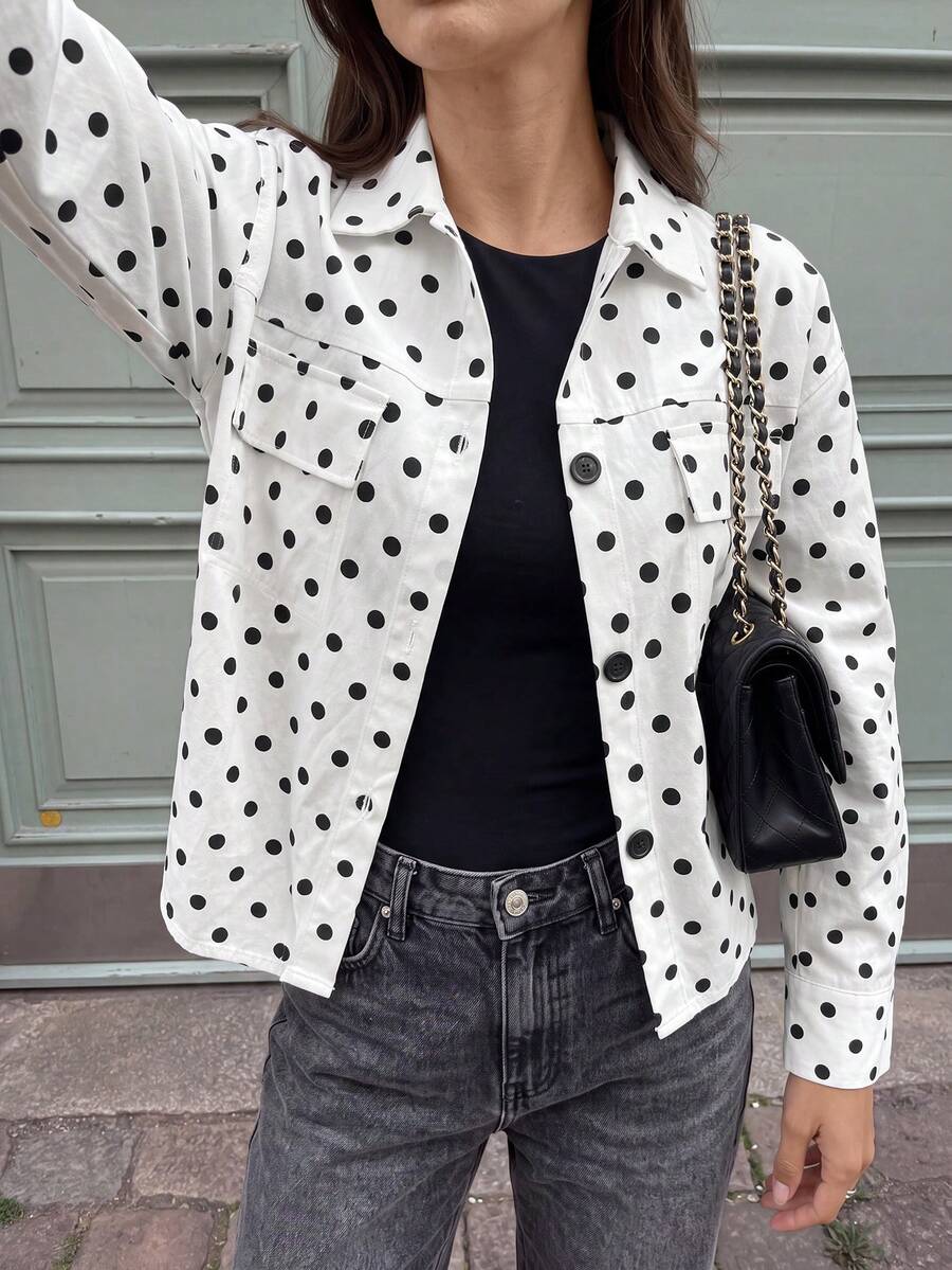 Siren Gaze Autumn/Winter Casual Dropped Shoulder Button Front Coat With Flap Pockets, Short White Polka Dot Jacket