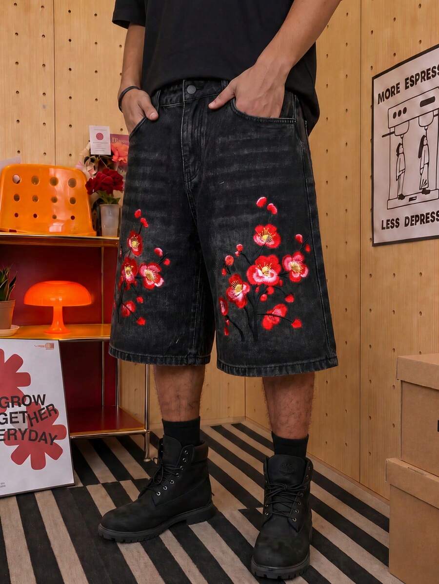 STEELVANCE Celana Pendek Denim Kasual Longgar dengan Saku Motif Bunga untuk Pria - Hitam - View 1