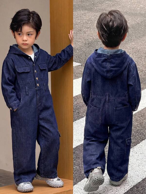 Bộ jumpsuit trùm đầu denim xanh dáng rộng phong cách vintage cho bé trai nhỏ, mùa thu/đông, quần áo đi học cho bé trai, trang phục streetwear, jumpsuit cho trẻ tập đi, Halloween