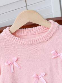 SHEIN Fashionable Versatile Cute Bow Pullover Round Neck Sweater For Girls - Pink - View 9