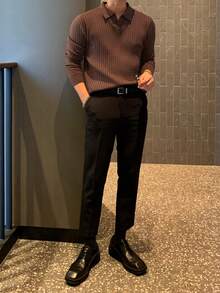 DAZY Jersey marrón de punto acanalado sólido para hombres de otoño - Café integral - Ver 2