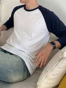 DAZY Men's Crew Neck Contrast Color Casual Versatile Daily Wear T-Shirt - Navy Blue - View 4