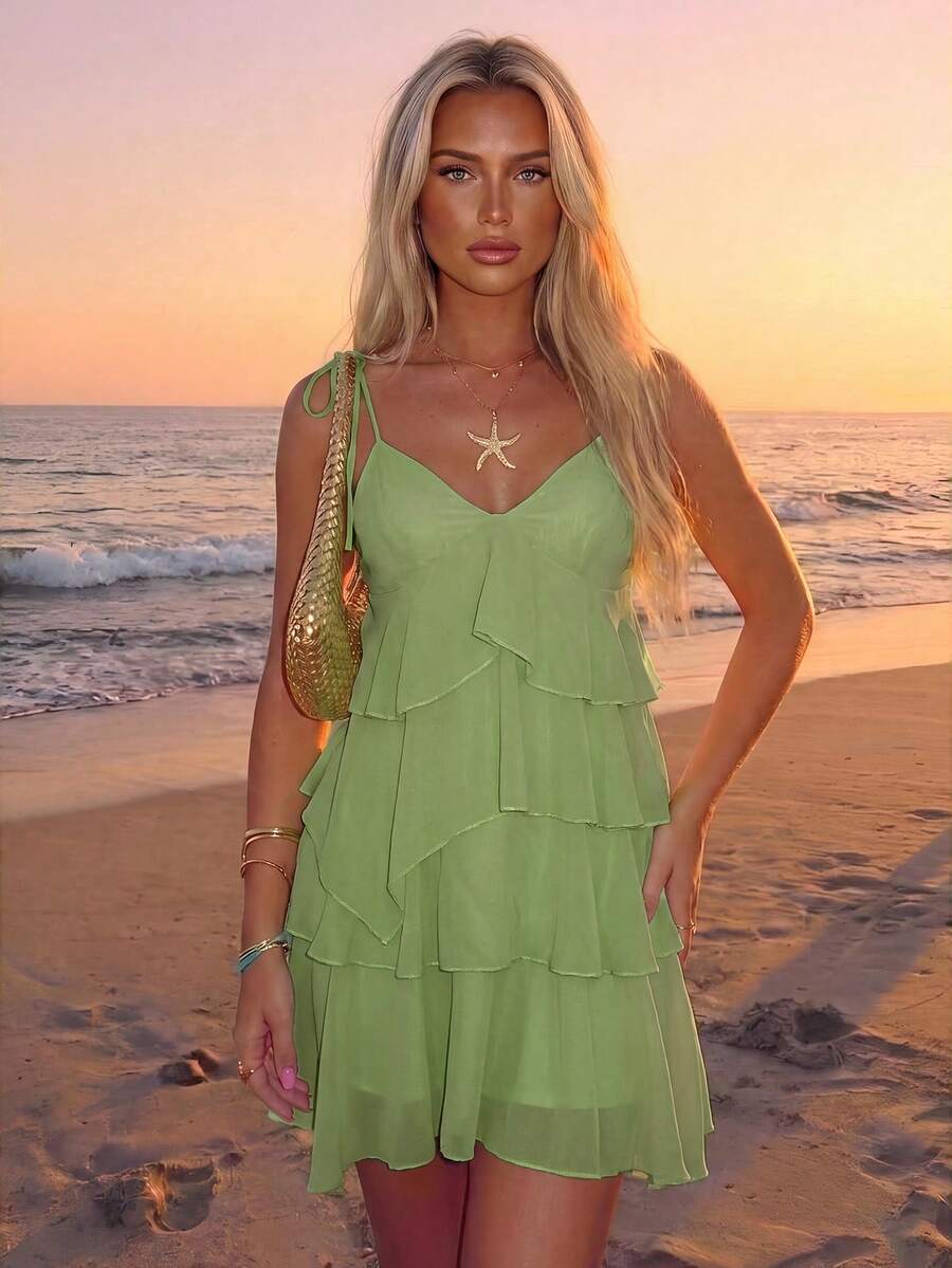 Aloruh Vestido mini de tirantes con volantes multicapa de color liso para mujer, ideal para vacaciones - Verde - Ver 1