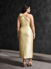 MOTF PREMIUM PLUS SIZE WOMEN'S SPRING/SUMMER BOW ONE-SHOULDER PARTY DRESS - Yellow - View 2