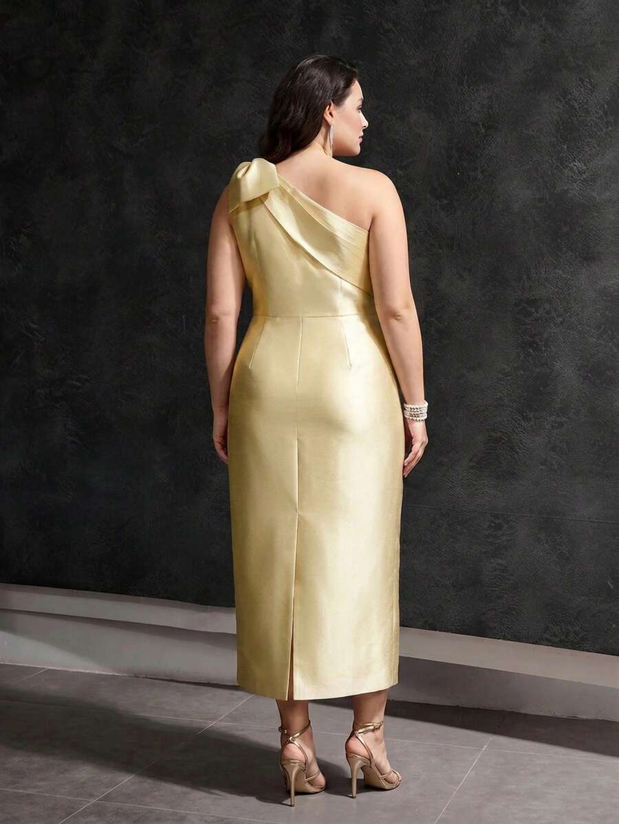 MOTF PREMIUM PLUS SIZE WOMEN'S SPRING/SUMMER BOW ONE-SHOULDER PARTY DRESS - Yellow - View 2
