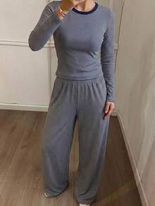 DAZY 條紋修身長袖T恤與直筒長款睡褲2件組女款居家服秋季 - 藍色 - 查看 5