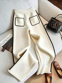 GlowEve Women's Colorblock Casual Daily Wear Knitted Long Pants - Apricot - View 2