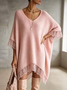 LUMIGAL Women's Solid Color V-Neck 3/4 Batwing Sleeve Contrast Lace Loose Knit Dress - Pink - View 4