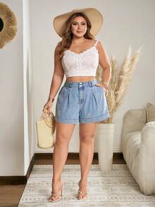 SHEIN Essnce Plus Size Women's Embroidered Pocket Casual Decent Light Blue Denim Shorts Vacation Formal Summer - Light Wash - View 6