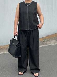 Dazy Plus Conjunto de 2 piezas con top sin mangas con cremallera y abertura en la espalda & jeans de mezclilla largos, talla grande, primavera/verano - Negro - Ver 3