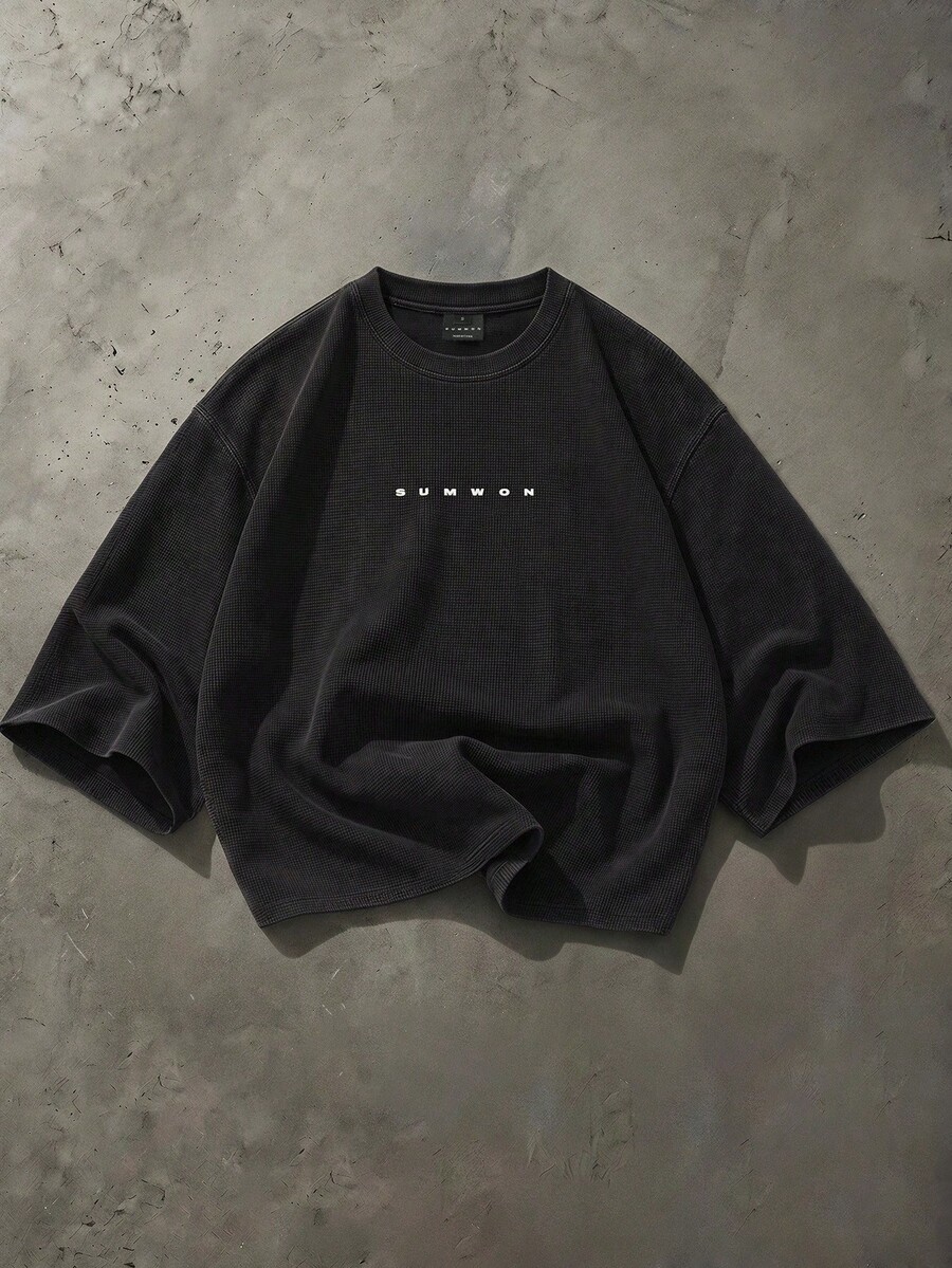 SUMWON Waffle Knit Boxy Crop Top With Crew Neck And 3/4 Sleeves In Washed Charcoal For Casual Everyday Wear - Black - View 1