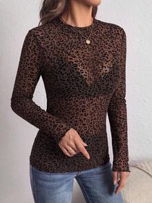 SHEIN PETITE CURVE 大尺碼女款時尚性感透視豹紋長袖上衣 - 棕色 - 查看 5