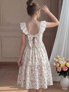 Pitira Tween Girls Ditsy Floral Spaghetti Strap Mid-Length Dress, Fitted Ruffle Sleeve Backless Bow Collar Textured Dress, Suitable For Spring And Summer - Multicolor - View 1