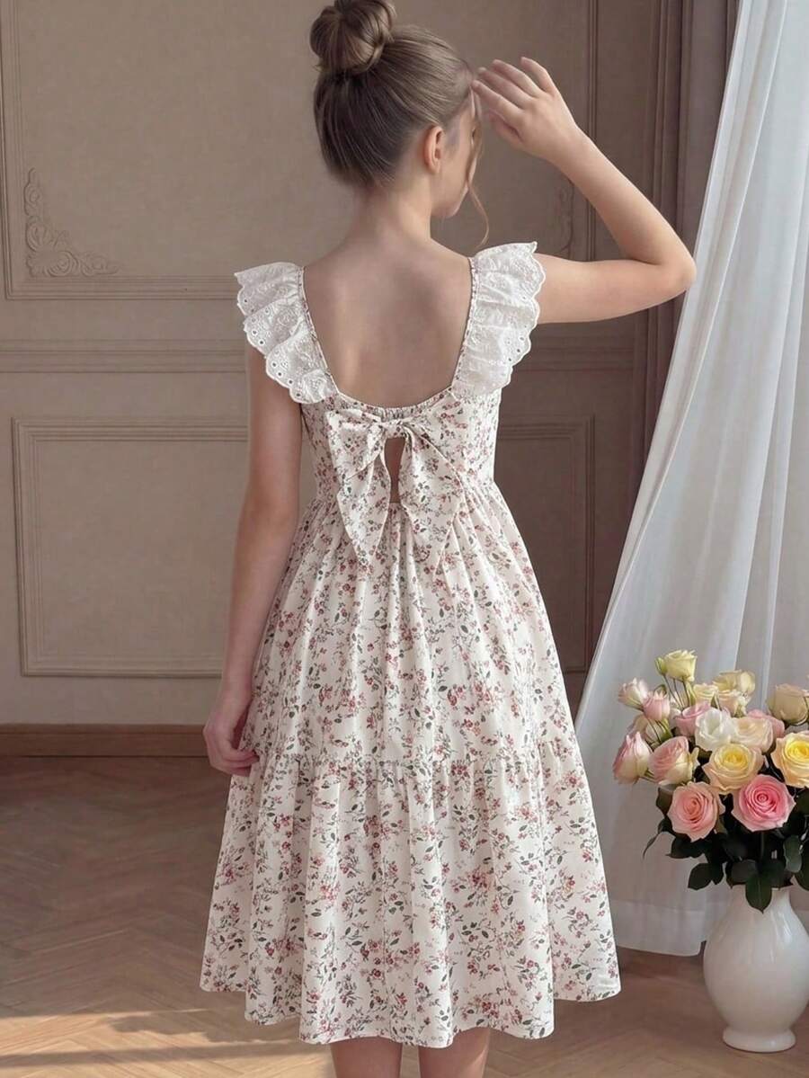 Pitira Tween Girls Ditsy Floral Spaghetti Strap Mid-Length Dress, Fitted Ruffle Sleeve Backless Bow Collar Textured Dress, Suitable For Spring And Summer - Multicolor - View 1