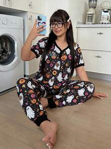 ZzzCrew Loose Comfortable Plus Size Loungewear, Halloween Fun Print Short Sleeve Long Pants Pajama Set - Multicolor - View 3