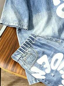 SHEIN Set Kaos Lengan Pendek dan Celana Pendek Leher Bulat Motif Sepak Bola Warna Gradien untuk Anak Laki-Laki Remaja. - MultiWarna - View 4