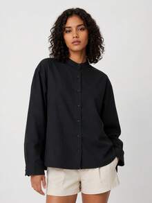 SHEIN BASICS Women's Solid Color Casual All-Match Minimalist Professional Versatile Daily Long Sleeve Shirt Teachers' Day Office Black Autumn - Black - View 3