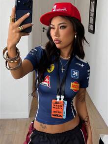 Coolane 夏季女款街頭風外出休閒圖案時尚遊戲日圓領修身短版深藍色T恤，夏季女款，夏季上衣 - 藏蓝色 - 查看 3
