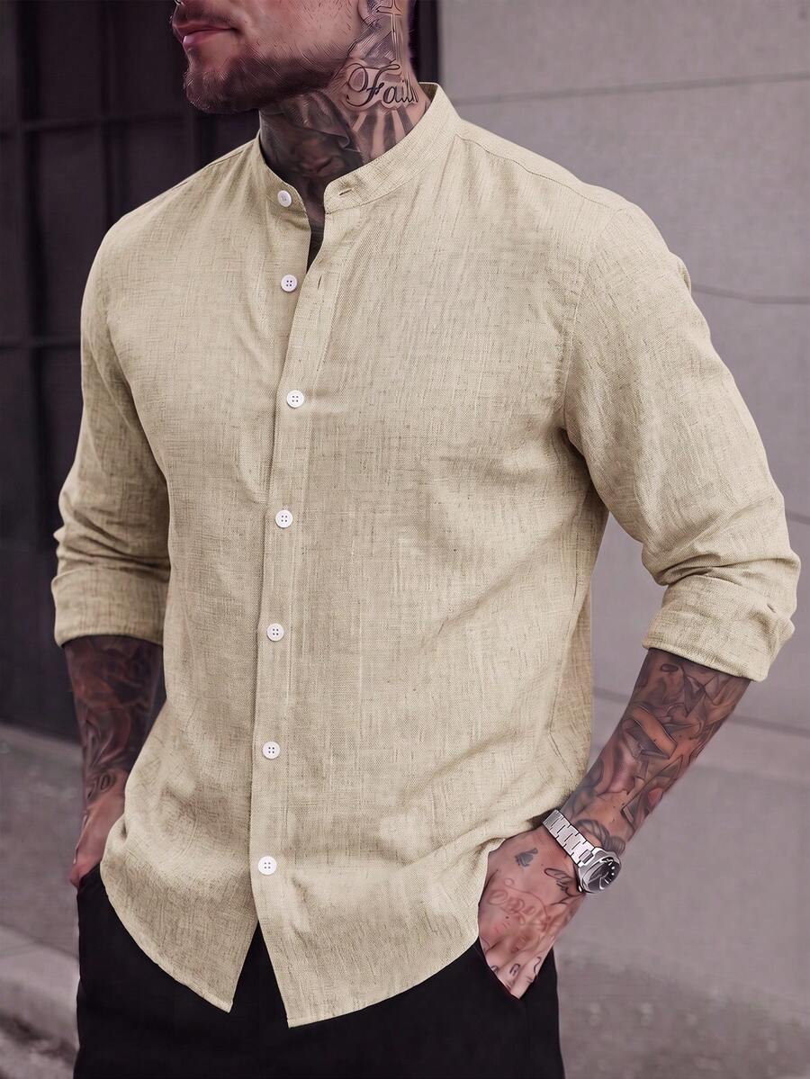 Calvornis Loose Men Solid Button Up Shirt - Apricot - View 1